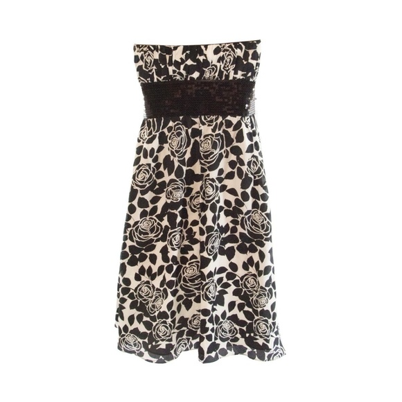 Black White Floral Silk Strapless Cocktail Dress 4 - Picture 4 of 4